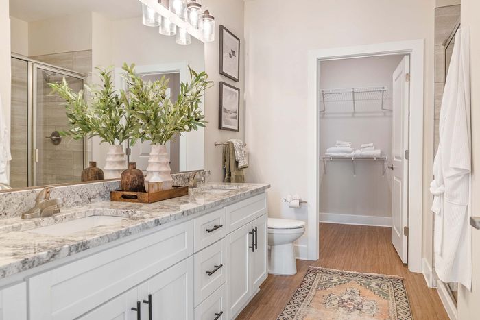 Elegant bathroom with dual sinks, stylish granite countertops, and cozy hardwood flooring. Features a large mirror, vibrant green plants, and a neatly organized closet with fresh towels, offering a luxurious and inviting atmosphere.