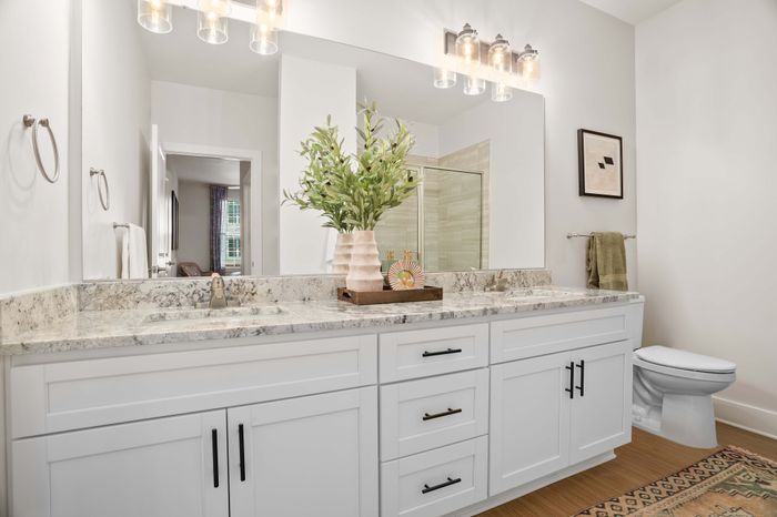 Elegant bathroom featuring a double vanity with granite countertops, chic lighting fixtures, and tasteful decor in a modern apartment.