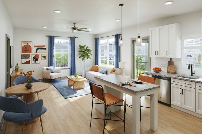 Living area with breakfast counter and kitchen