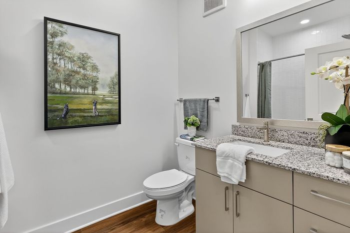 Elegant bathroom with modern fixtures, granite countertop, artwork, and chic decor for a contemporary feel.