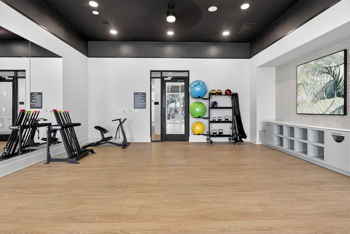 Contemporary fitness room featuring sleek exercise equipment, colorful stability balls, and stylish storage solutions on polished wooden floors.