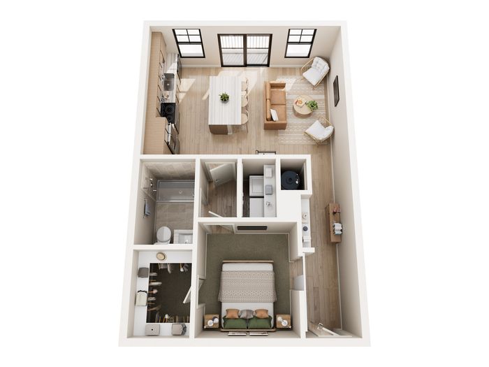 Chic floor plan showcasing 1 bedroom, modern kitchen, and cozy living area with wooden flooring and natural light.