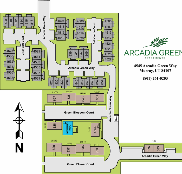 Arcadia Green Apartments site plan featuring diverse residential courts, lush green spaces, and a central swimming pool for relaxation.