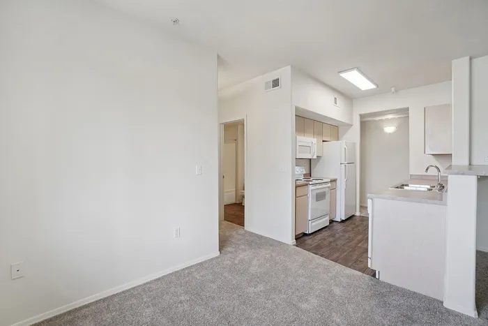Cozy apartment featuring a modern kitchen with white appliances, plush carpeting, and natural light-filled spaces.