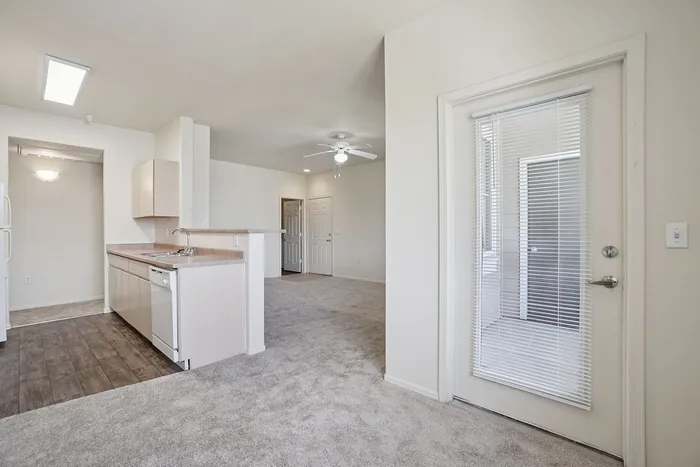 Bright open-plan apartment featuring a modern kitchen with wood-inspired flooring, plush carpeting in the living area, and a sleek glass door with blinds.