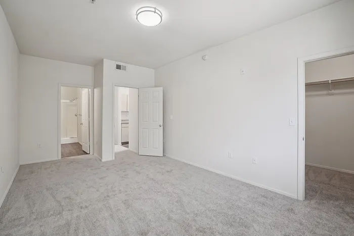 Spacious bedroom with plush carpeting, walk-in closet, and ample natural light creating a warm and inviting atmosphere.