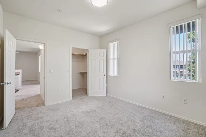 Bright and airy bedroom with plush carpeting, spacious walk-in closet, and large windows inviting natural light.