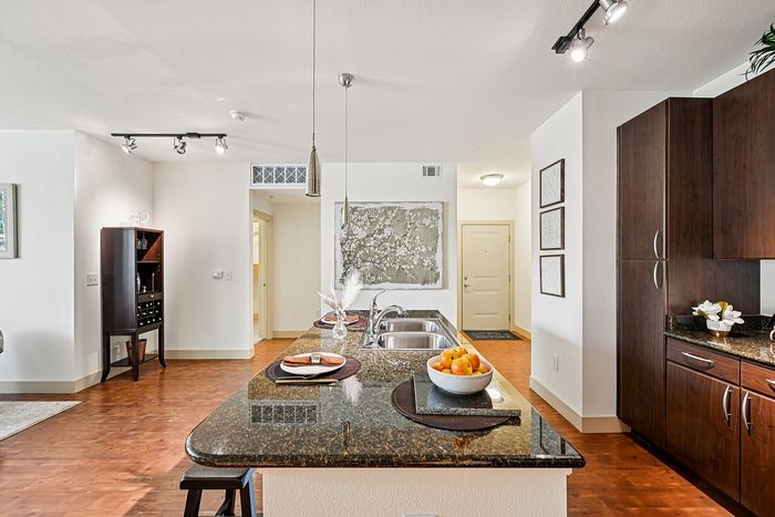 Modern kitchen with granite countertops, stylish dark wood cabinets, and an inviting open floor plan in a chic apartment.