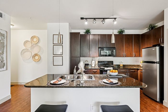 Contemporary kitchen with sleek dark wood cabinets, granite countertops, and modern stainless steel appliances.