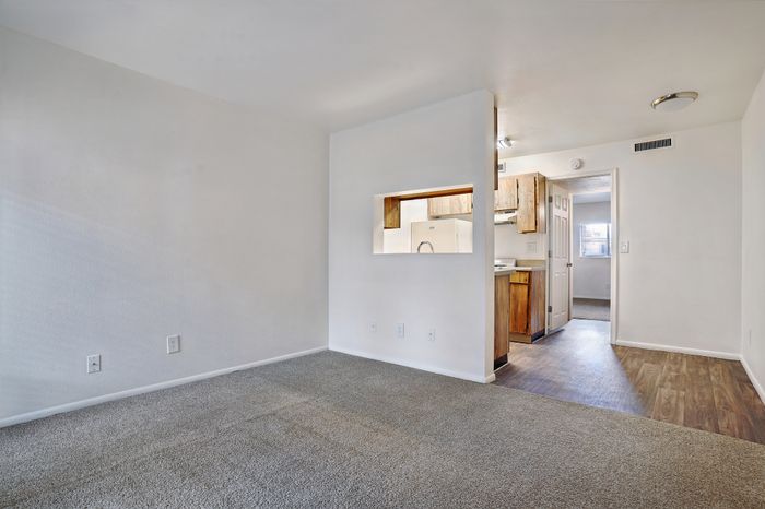 Bright living area with plush carpeting, next to a well-lit kitchen featuring sleek flooring.