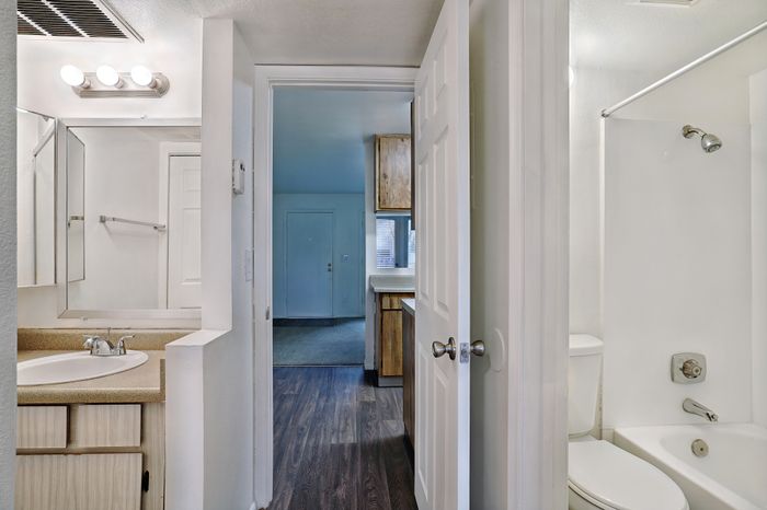 Split, full bathroom.