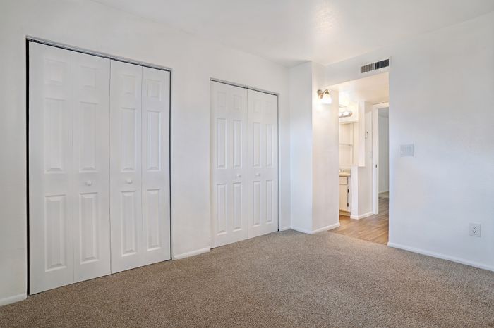 Bright and cozy bedroom with plush carpet and dual closets.