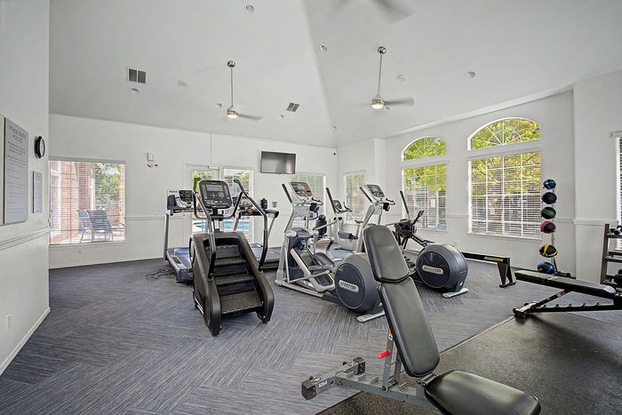 Modern fitness center with state-of-the-art equipment including treadmills, elliptical machines, and weight benches, set in a bright, airy space with large windows.