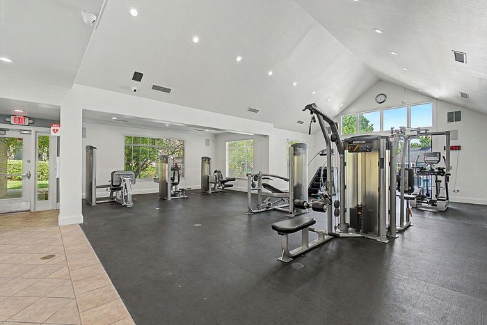 Bright and spacious gym with modern fitness equipment and large windows offering lush garden views.
