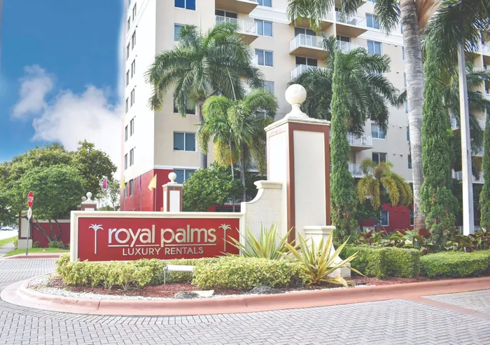 Royal Palms Apartments, exterior, palm trees, building, balconies, walkway