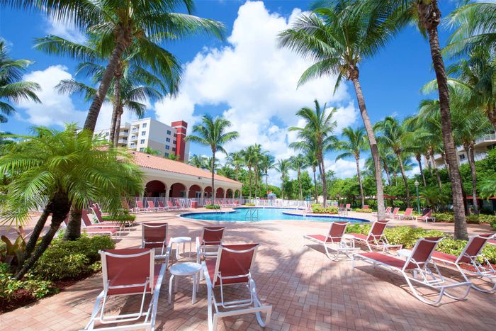 Royal Palms Apartments, exterior, sparkling blue pool, palm trees, lounge chairs, picnic tables with umbrellas, building exterior