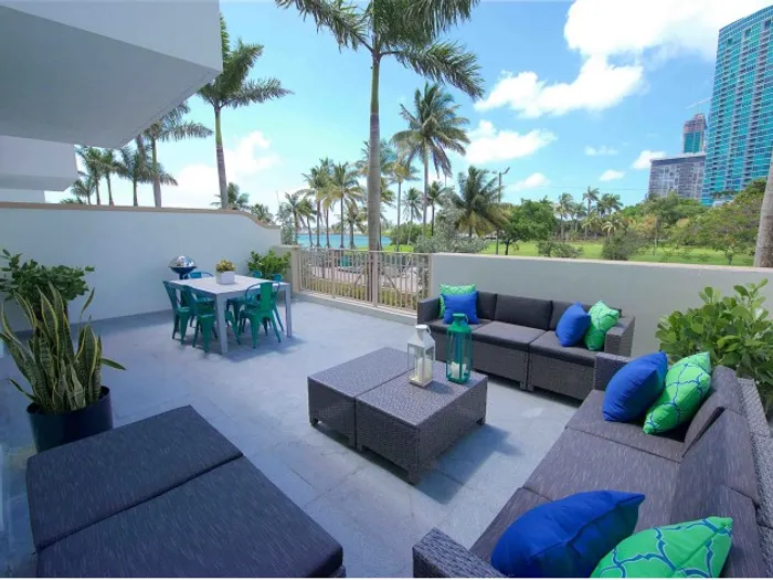Miami Bay Waterfront Midtown Residences, exterior, terrace, outdoor seating, view of park, palm trees,