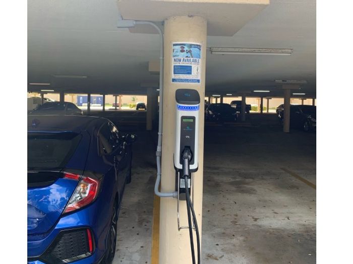 Aventura Harbor Apartments, exterior, parking garage, electric car charging station