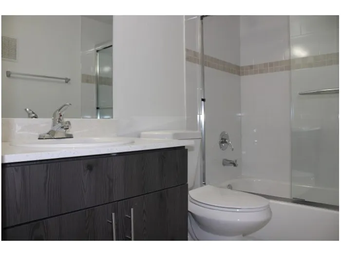 Pompano Palms Apartments, interior, bathroom, white with dark cabinets, sliding glass door for shower and tub, large mirror, toilet, sink, tiled shower wall