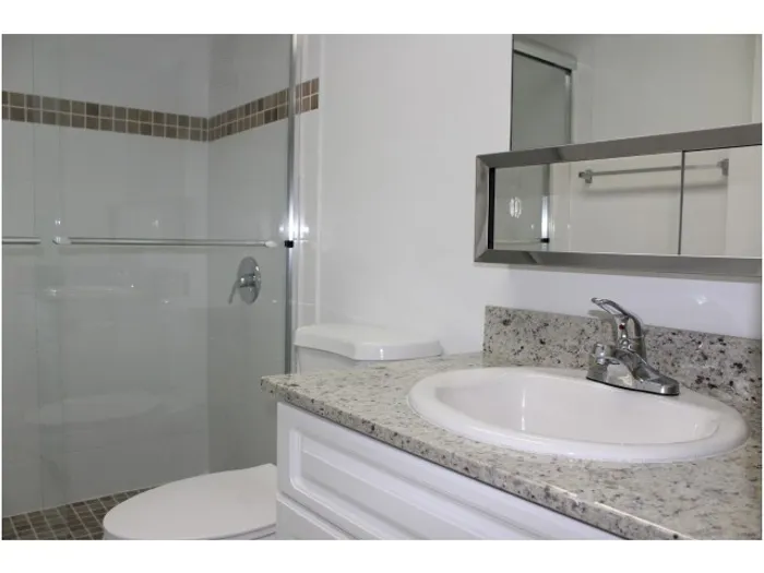Lago Club Apartments, interior, bathroom, granite countertops, shower, glass enclosure