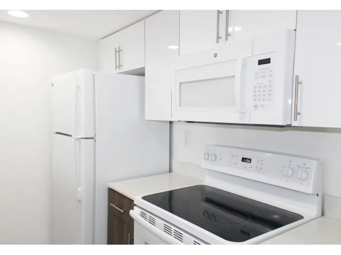 Westland 49 Apartments Interior | Kitchen | Quartz Countertops | Two-Toned Cabinetry | Microwave