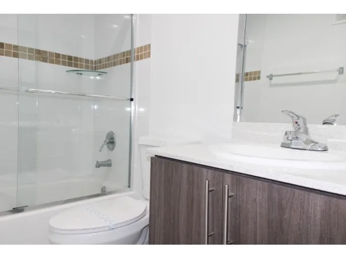 Westland 49 Apartments Interior | Bathroom | Quartz Countertops | Shower | Tub | Glass Shower Enclosure
