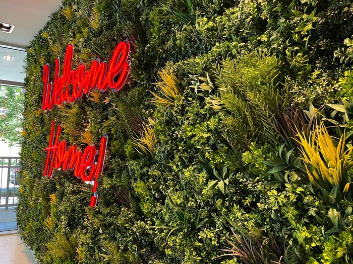 Welcome Home sign, grass, plant wall, neon sign