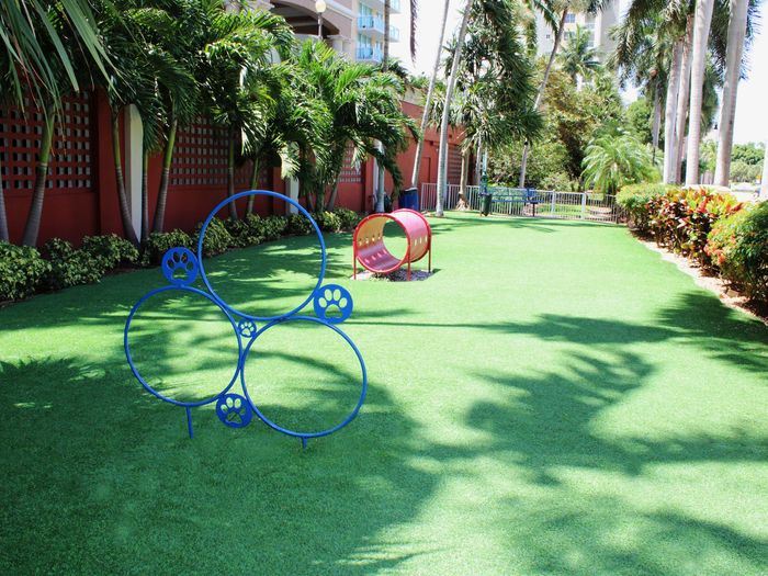 Intracoastal Yacht Club, exterior, dog park, toys, grass, trees, sun and shade