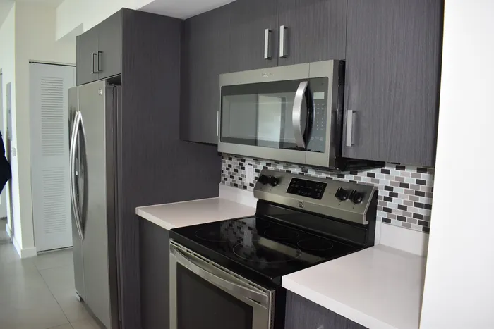 Kitchen with Stainless Steel Appliances and Designer Glass Backsplash Tile