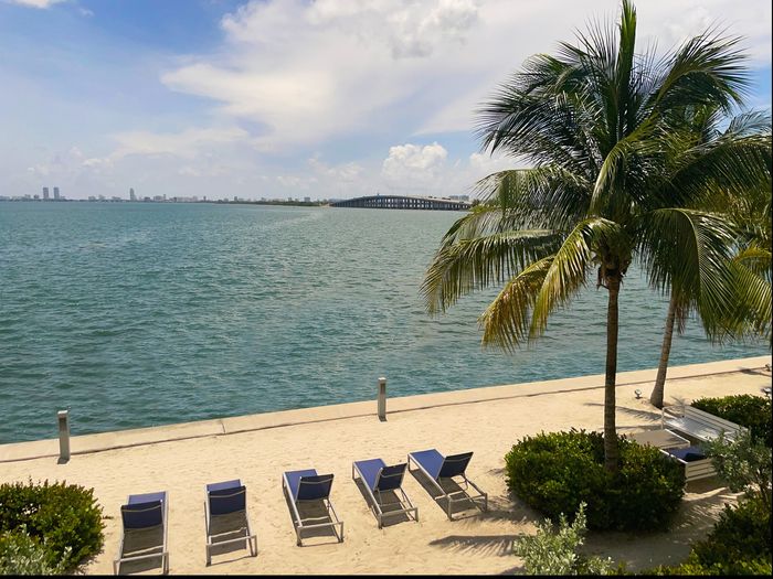Miami Bay Waterfront Midtown Residences, exterior, palm trees, private bayfront beach, lounge chairs
