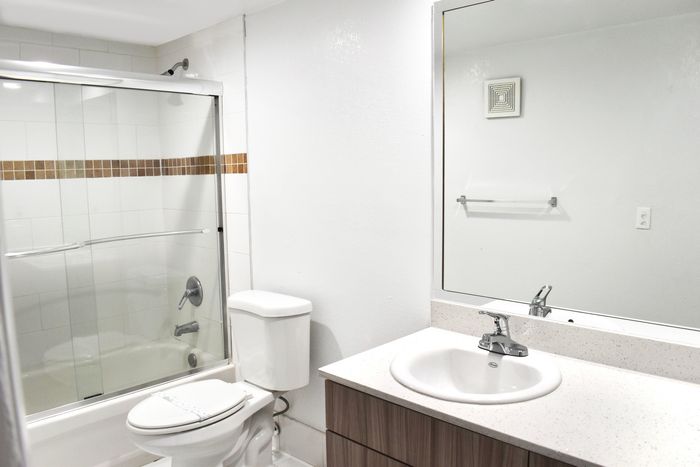 Cherry Grove Village, interior, white bathroom, shower, tub, toilet, sink, mirror, dark cabinet