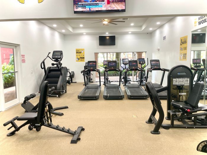 Modern gym featuring multiple treadmills, weight machines, and an elliptical trainer in a bright, spacious room.