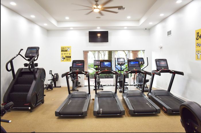 Modern gym with advanced treadmills and workout equipment in a bright, airy space.