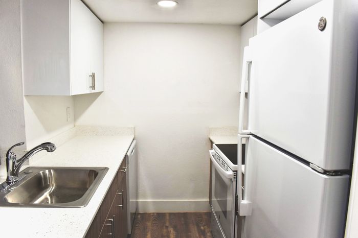Contemporary kitchen with smooth white cabinetry, stainless steel sink, and modern appliances in a compact layout.