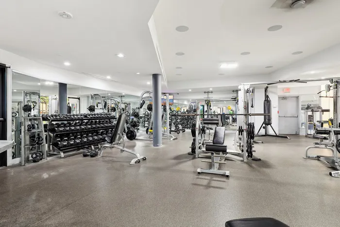 Modern fitness center with a variety of gym equipment, including dumbbells and weight machines, in a spacious, well-lit environment.