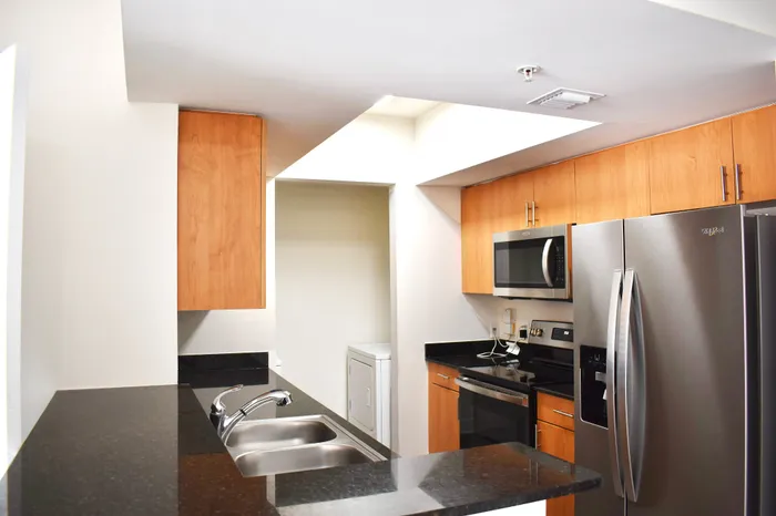 Modern kitchen with sleek stainless steel appliances, elegant granite countertops, and warm wooden cabinetry.