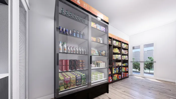 Sleek and modern in-home mini-market with stylish shelves stocked with beverages, snacks, and essentials, offering convenience and luxury.