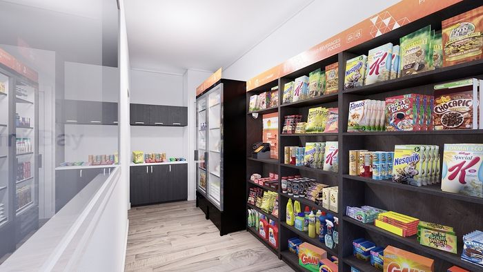 Chic supermarket aisle with well-organized shelves stocked with colorful cereal boxes and various household products.