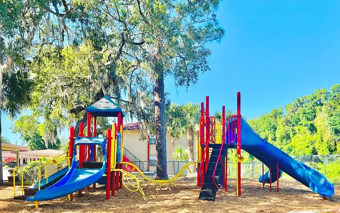 Vibrant playground featuring colorful slides and climbing structures under shady trees, perfect for family fun and relaxation.