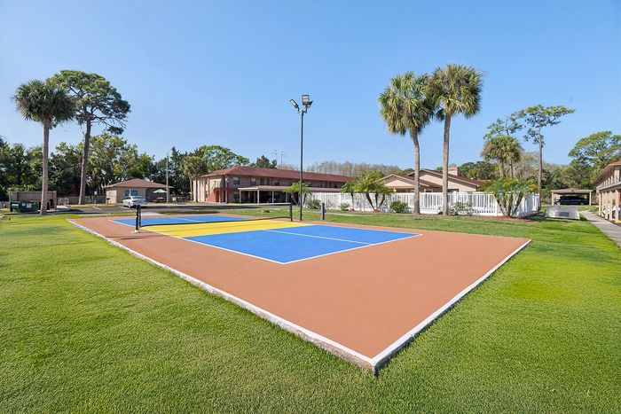 Vibrant outdoor sports court surrounded by lush greenery and palm trees, adjacent to a modern residential complex.