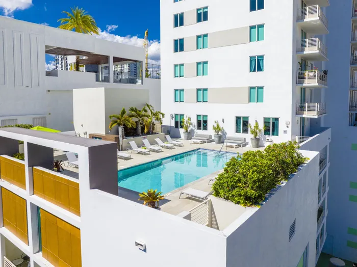 Bright rooftop pool oasis with stylish lounge chairs and lush greenery, set against a modern white building and vibrant blue sky.