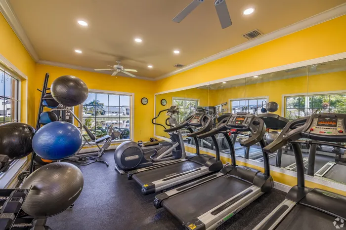 Vibrant apartment fitness center featuring treadmills, exercise bikes, and stability balls, with bright yellow walls and large mirrors for an inviting workout space.