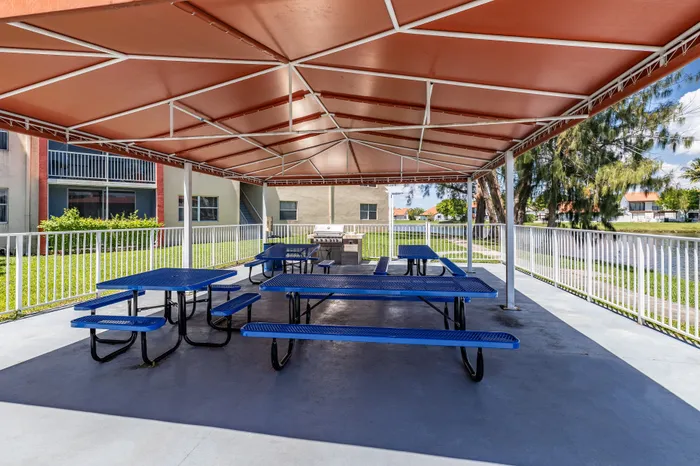Charming outdoor pavilion with bright blue picnic tables, nestled by a scenic water view, perfect for relaxed gatherings.