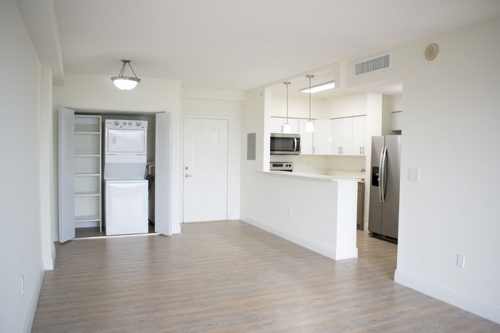 Contemporary apartment interior featuring a sleek kitchen with stainless steel appliances and an in-unit washer dryer, complemented by elegant wood flooring and abundant natural light.