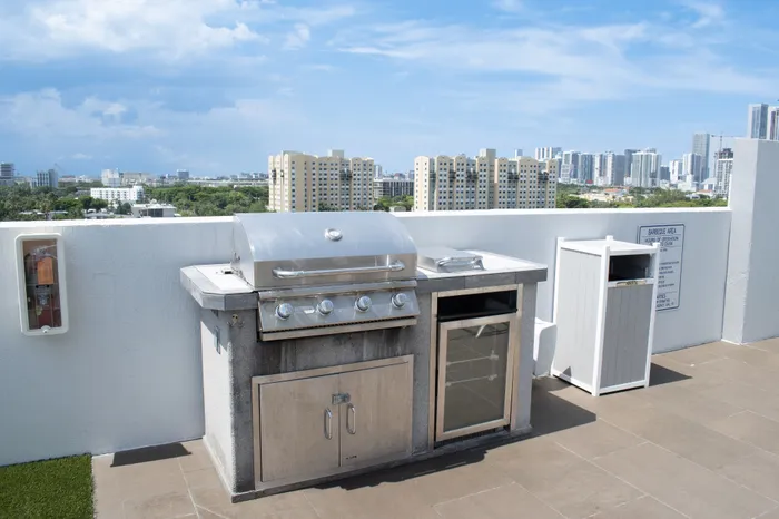 Modern rooftop barbecue area with stainless steel grill and stunning skyline views.