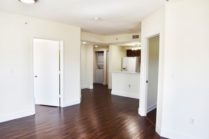 Bright open-plan living area with sleek hardwood floors, modern kitchen with stainless steel appliances, and convenient in-unit laundry space.