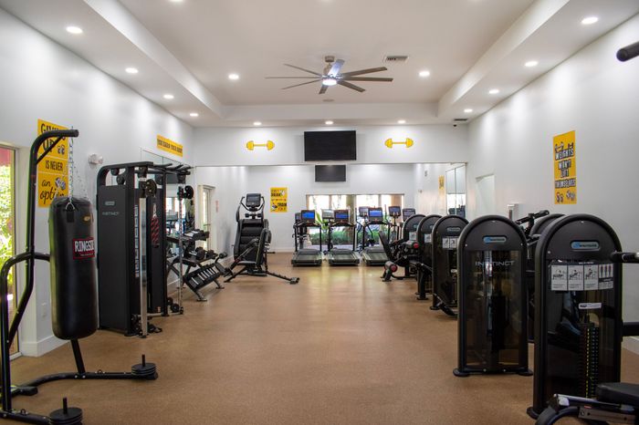 Modern fitness center featuring state-of-the-art equipment, spacious layout, and vibrant motivational decor.