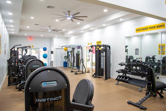 Modern fitness center with high-quality gym equipment, bright lighting, and motivational decor for an inspiring workout experience.