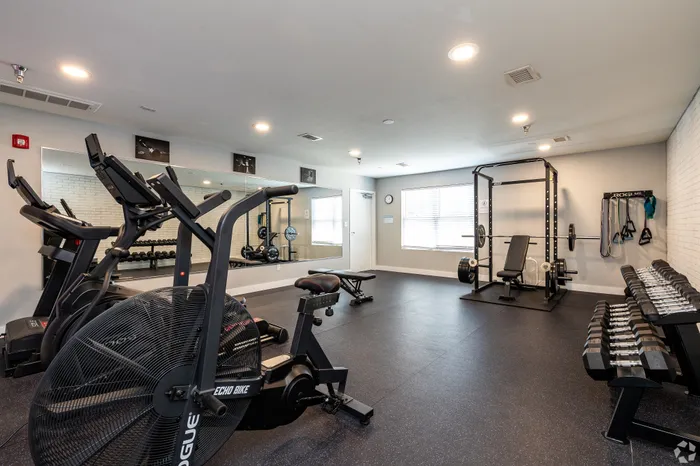 On-site apartment fitness center with cardio machines, free weights, squat rack, and mirrored walls, offering a spacious, well-equipped gym for residents&rsquo; daily workouts.