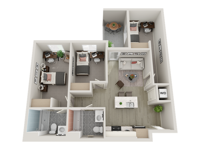 Three-bedroom apartments are fully furnished with a twin XL bed frame/mattress, desk, chair, and dresser drawers in each bedroom; the living room is furnished with barstools, a couch, coffee table, and TV stand. A table and two chairs are also included for the outdoor patio.